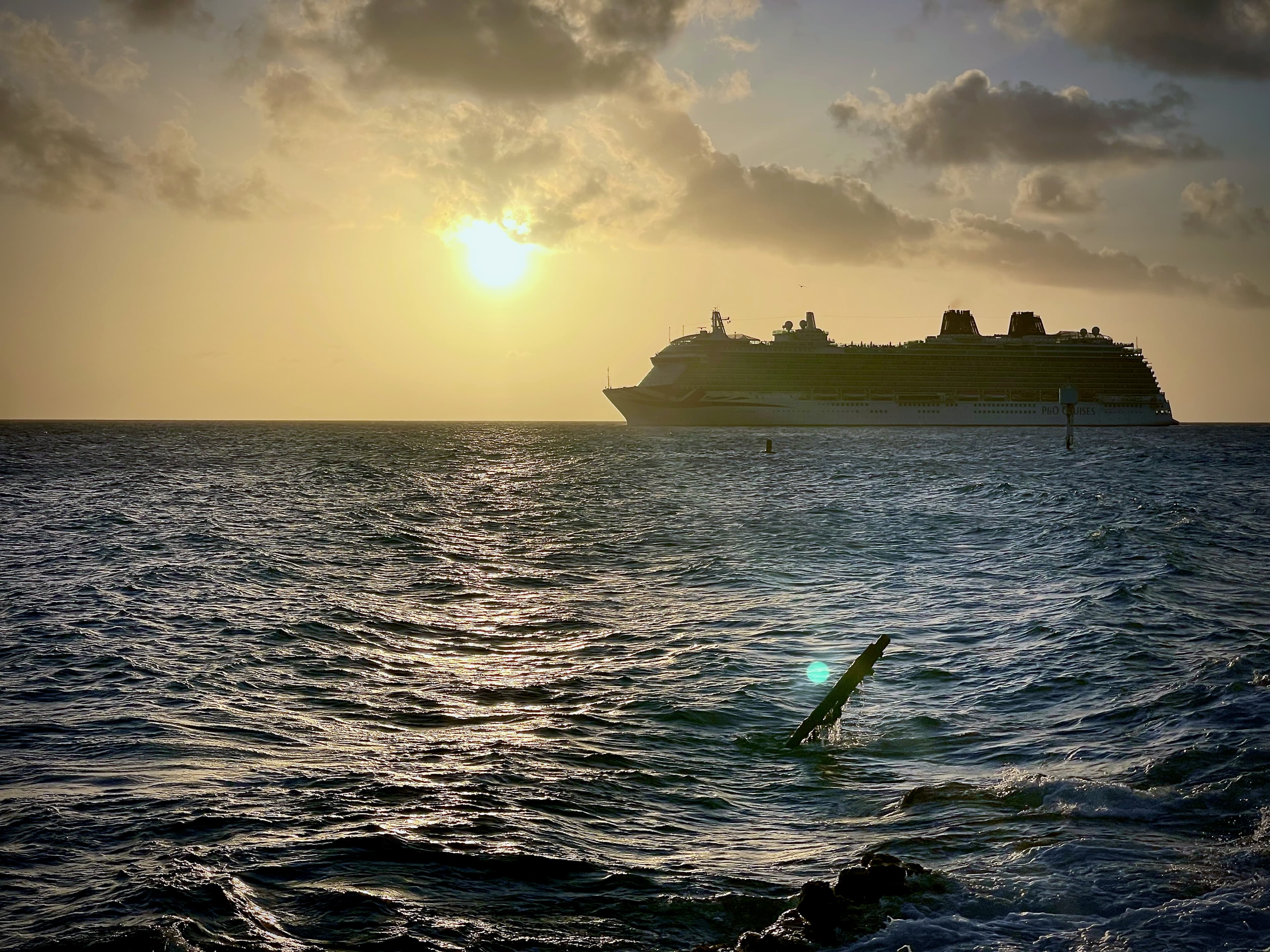 Cruise ship at sunset in Curaçao